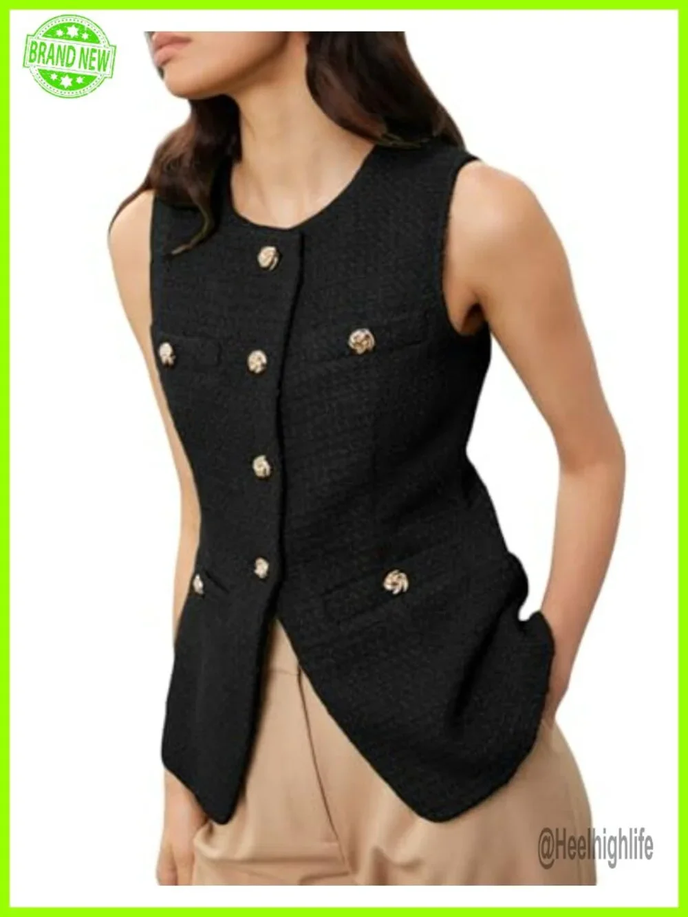 Sleeveless Tweed Blazer Vest Button Front Casual Work Vest